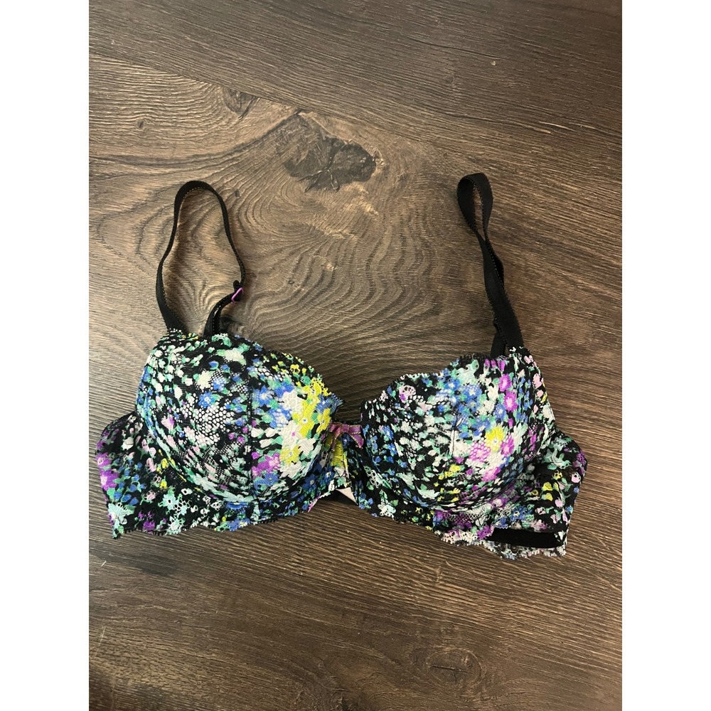 Victorias Secret Dream Angels Lined Demi Bra 32B Floral Lace‎ Black Purple Multi